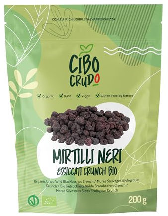 Mirtilli Neri Biologici Essiccati e Crudi - 200g. Mirtillo Nero Senza Zucchero Aggiunto. Mirtilli Secchi Disidratati Selvatici e Ricchi di Antociani.
