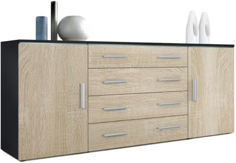 Vladon Sideboard Faro V2, Made in Germany, Kommode mit 2 Türen und 4 Schubladen, Schwarz matt/Eiche sägerau (166 x 72 x 35 cm)