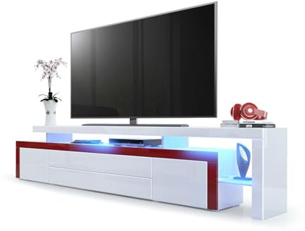 Vladon Meuble TV Bas Leon V3, Corps en Blanc Haute Brillance/Façades en Blanc Haute Brillance avec Une bodure en Bordeaux Haute Brillance avec l'éclairage LED (227 x 52 x 35 cm)