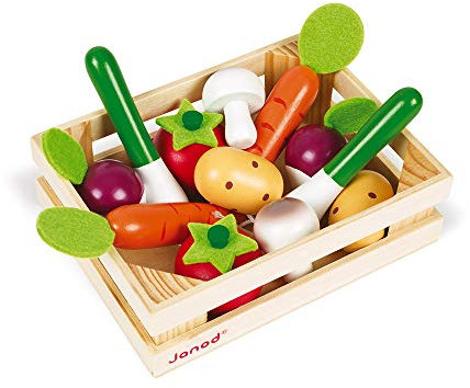 Janod - Cagette 12 Légumes en Bois - Accessoire Dinette, Cuisine et Marchande - Jouet d'Imitation - Dès 3 Ans, J05611, Argent