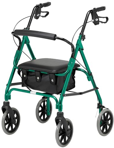 Days Lightweight Folding Rollator Walker with Seat – X-Small, Green | Fits users 5'0-5'9 Tall, with Lockable Brakes and Ergonomic Handles - Compact, Holds up to 160kg – Mobility Aids, Elderly