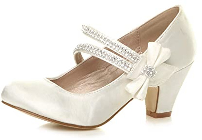 GIRLS CHILDRENS LOW HEEL STRAP BRIDESMAID PARTY FORMAL EVENING SHOES SIZE 12, Ivory Satin Bow, 12 UK