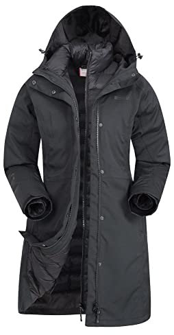 Mountain Warehouse Alaskan 3-in-1 Damen Winter Mantel - Lange, wasserdichte Winterjacke, Warme Steppjacke Innenjacke mit Reißverschluss & Kapuze Tiefschwarz Damengröße EU 48