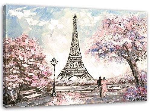 Feeby Bilder Eiffelturm Frankreich XXL 70x50 cm 1 Teilig Modern Wohnzimmer Schlafzimmer Flur Büro Wandbilder Leinwandbilder Bild auf Leinwand Wanddekoration Kunstdruck Landschaft wie gemalt Rosa