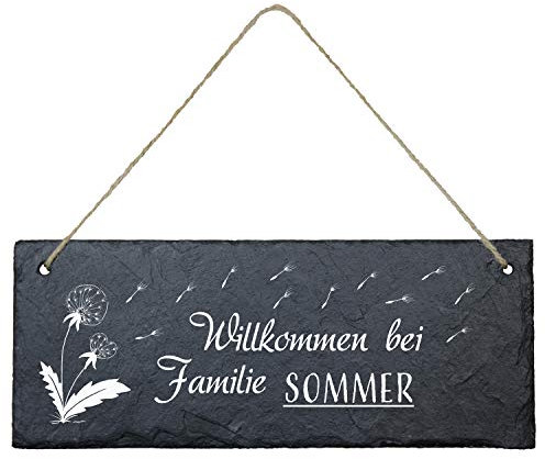 Geschenke 24 Schiefertafel - Türschild mit Pusteblume und Personalisierung (eckig): Schieferplatte zum Beschriften für Deine Familie - Wanddeko, Türschild
