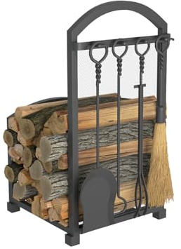 Lizh Metalwork Fireplace Log Holder with Fireplace Tools, Wrought Iron Indoor Stove Accessories Firewood Rack Holder Lumber Storage Stacking Log Holder Log Bin with Tongs Shovel Poker and Brush