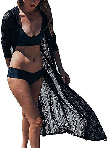 Pareo mare Donna - Tunic - Long - Cover-up - Bikini - Sea - Pool - Beach - Lace - Buttons - Long Sleeves - Girl - One Size - Color Black