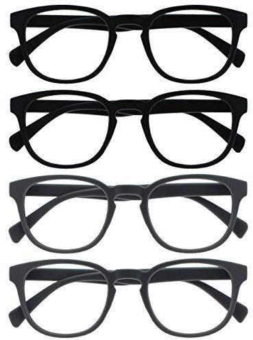 OPULIZE Pop Lesebrille 4er Pack Keck Rund Matt Rahmen Federscharniere Kratzfest Schwarz Grau Herren Damen RRRR2-1177 +1.50
