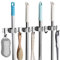 SHYOSUCCE Broom Mop Holder, Stainless Steel Broom Storage with 4 Racks and 5 Hooks, Wall Mounted Organizer for Kitchen, Bathroom, Garage and Garden, Gray