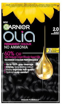 Garnier Olia Permanent Hair Dye, Up to 100% Grey Hair Coverage, No Ammonia, 60% Oils, Midnight 2.0 Black Diamond