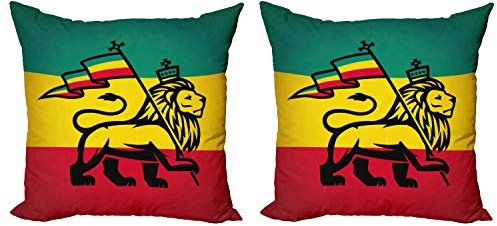 ABAKUHAUS Rasta Dekokissen Kissenbezug 2er Pack, Judah Lion Rastafari Flagge, Modern Accent Doppelseitiger Digitaldruck, 50x50, Gelb Schwarz