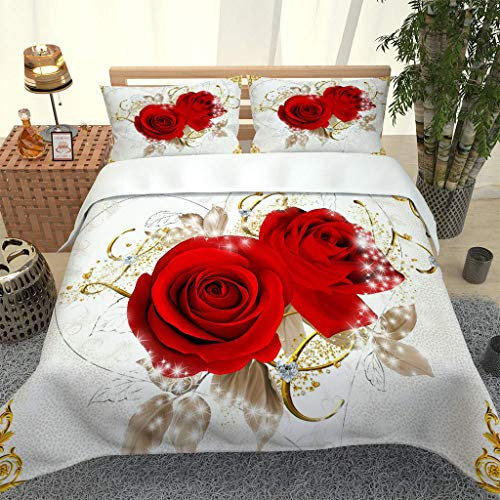 courti Bettwäsche 3D 155x220cm Kreative rote Rose Bettwäsche Set Microfaser Bettbezug Set 3 Teilig mit Reißverschluss und 2 Kissenbezug 50x75cm