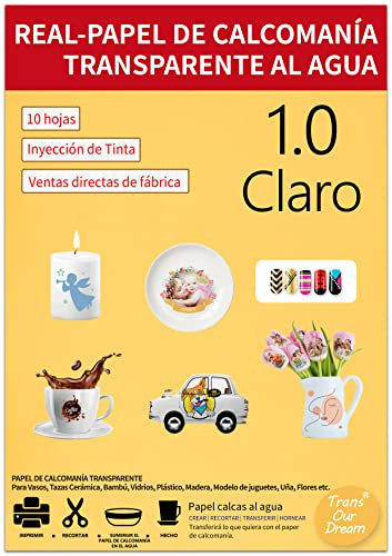 TransOurDream-Marca de confianza,Imprescindible para fiesta,Papel Calcomanía transparente al Agua (A4x10) Waterslide decal paper,Utilizado en vasos, velas, cerámica, etc.ES-6-10
