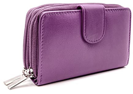 Woodland Leather Portamonete piccolo, portafoglio con zip in vera pelle con tasca portamonete e portachiavi per donna, Viola, 14x10 cm