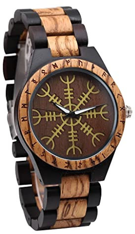 YCYR Herren Wikinger Bambus Holzuhr, Nordische Mythologie Rune Doppelte Farbabstimmung Vintage Handgemachte Quarzuhren Schmuck Geschenk mit Einstellbar Gurt,Helm of awe