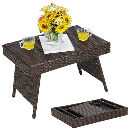 GOPLUS Polyrattan Beistelltisch klappbar, Gartentisch klein mit Metallgestell, 60x40x40cm Rattantisch Bistrotisch, Balkontisch Kaffeetisch für Wohnzimmer & Terrasse