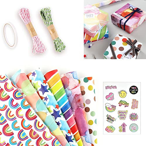 Regenbogen Geschenkpapier, OLRWSLG 6 Blatt Geburtstag Geschenkpapier mit Juteschnur 50 * 70cm Geschenkpapier 6 Arten Muster Geschenkpapier Set für Weihnachten Geburtstag Party Hochzeit