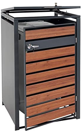 1er Mülltonnenverkleidung HWC-J81, Mülltonnenbox, erweiterbar, Metall 32kg, anthrazit - Kirsche-Holzoptik Dunkelbraun