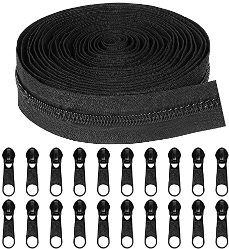 TBACW 5 Yards Bulk Zipper, #5 Zippers for Sewing, #5 Black Nylon Coil Zipper by The Yards, Replacement with 20PCS Sliders for DIY Sewing Craft Bags (Black)