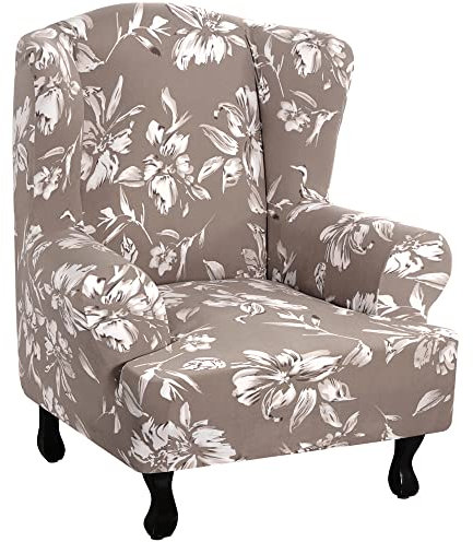 Highdi Ohrensessel Bezug 1-Teilig Elegantes Blumenmuster Sesselbezug, Sesselüberwürfe Ohrensessel Überzug Stretch Sesselhusse mit Armlehne für Relaxsessel, Fernsehsessel (Taupe)