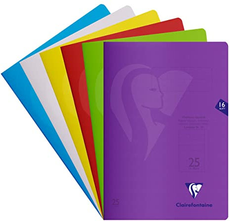 Clairefontaine 303225C - Packung mit 25 Heften S´coolbook, ideal für die Schule, DIN A4, 16 Blatt, 90g, Lineatur 25 liniert mit Rand, Umschlag aus PP, farbig sortiert, 1 Pack