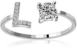 HIJONES Damen Buchstaben Ring mit Zirkonia Stapelbaren Alphabet Verstellbaren Ringen Gold Brief L