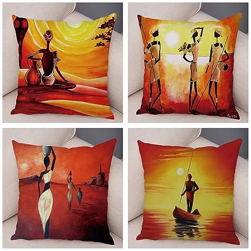 Kissenbezug 45x45cm 4er Set Sonnenuntergang Afrika Frau Kissenhülle Moderne Samt Dekorative Kissenhülle Outdoor Kissenhuellen Waschbar Deko Sofakissen Zierkissen für Stuhl Bett Garten Schlafzimmer