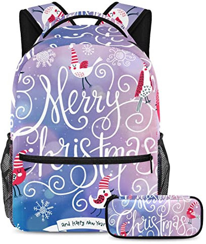 VAPOKF Schulranzen-Set für Teenager, Mädchen, Jungen, Schüler, Büchertasche, Rucksack mit Federmäppchen für die Schule – Frohe Weihnachten Vögel in Hüten und Schneeflocken, multi, Einheitsgröße,