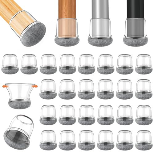 ONEBOOM 32 Pezzi Gommini per Sedie Rotondi con Feltrini,Medio Trasparenti Feltrini Silicone,Copri Piedini per Mobili Elevata Elasticità,Tappi per Antirumore(Fit:19-28mm)
