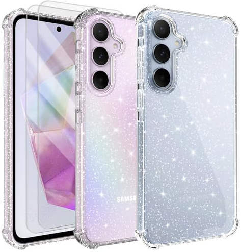 Tikgue 3 en 1 Coque pour Samsung Galaxy A35 5G, avec 2 Pièces Verre Trempé Protection Écran, Clair Housse à Glitter en Mince Silicone Souple Étui Antichoc Case Transparente Cover