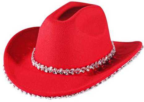 Cowboyhut für Damen, Strass, breite Krempe, Diamant-Glitzer, Western-Cowboyhut für Damen, Rot-Strass-Weizen, M-L