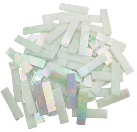 4 x 1 CM Rectangular Iridescent Stained Glass Strip, 7oz Glass Mosaic Tiles for DIY Crafts,Plates,Picture Frames,Flower Pots,Handmade Jewelry and More Mosaic Decorative (Iridescent White)