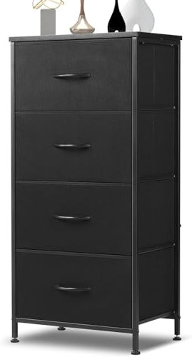 DUMOS Kommode mit Schubladen - kommoden & Sideboards für Schlafzimmer Geeignet, Komodenschrank mit 4 Schubladen, Stoffkommode mit Stabilem Stahlrahmen, Ideal für Schlafzimmer, Wohnzimmer (Schwarz)