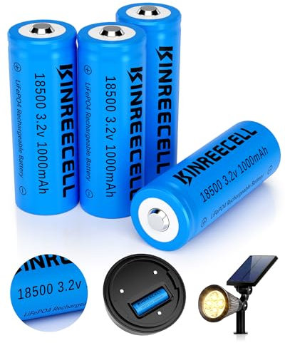 KINREECELL LiFePO4 18500 3,2 V, 1000 mAh, 3,2 wh, batteria solare ricaricabile agli ioni di litio, 18500, 3,2 Volt, per lampade solari da giardino, 4 pezzi