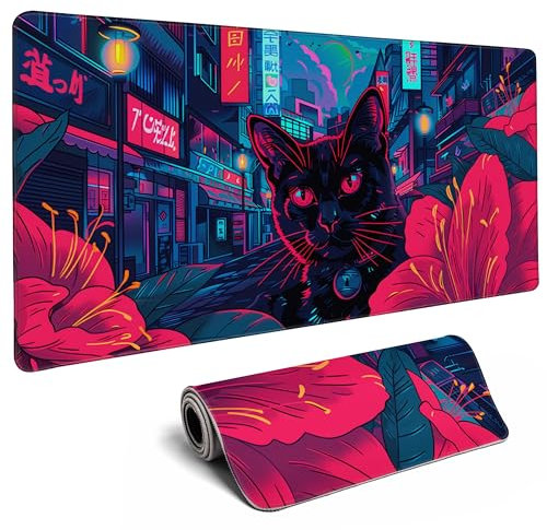 Japanische schwarze Katzen-Schreibtischunterlage, florales Anime-Gaming-Mauspad, große Schreibtischunterlage für Schreibtisch, Computer, PC, Laptop, Büro, Dekoration, Kawaii-Maus, Tastatur-Pad,