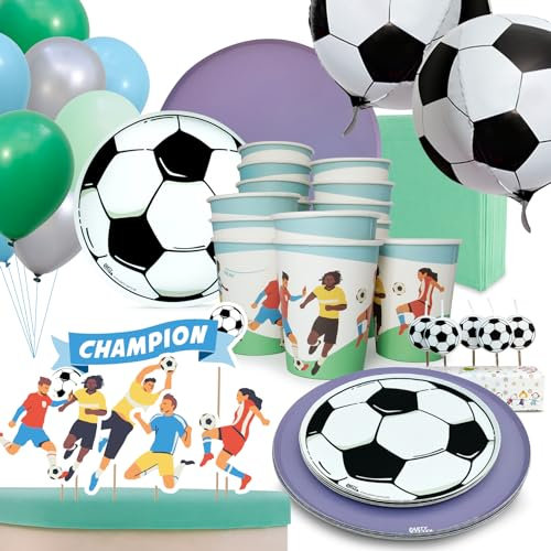 PARTY PARTY 97 Teile Fußball Geburtstag Set Lila 16 Gäste, EM PARTYGESCHIRR + CAKETOPPER + KERZEN+ BALLONS, Fußballparty Geburtstag Fußball Deko Jungen Mädchen