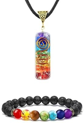 P&R:UK Lava Chakra 8mm Bracelet & Chakra Orgonite Pendant Set - Authentic Gemstones, Aromatherapy Lava Stones, Handcrafted Pendant, Spiritual Healing, Stress Reduction, Gift-Ready Packaging