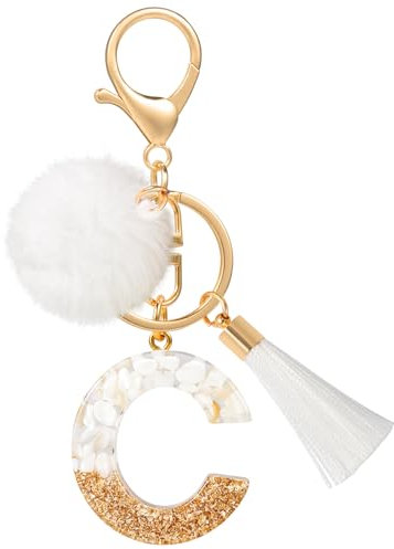 MWOOT Porte Clé Lettre C Peluche Tassel, Initial Résine Personnalisé Keychain Or Blanc, Porte Clef Lettre Pendentif Décoratif, Kawaii Porte Clef Voiture Charm, Idee Cadeau D'Anniversaire pour Femme(C)