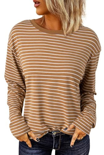 Dokotoo Langarmshirt Damen Rundhals Gestreift T-Shirt Basic Longsleeve Lässige Oberteile Shirt Tops, Khaki, S