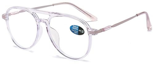 ABETOS Pilot Occhiali da lettura da uomo e donna, filtro luce blu, stile retrò, alla moda, da pilota, con aiuto per la lettura, con bordo pieno, Viola trasparente, 2
