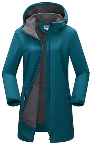 Outdoor Ventures Women's Softshell Long Jacket with Hood Fleece Lined Windproof Jacket for Women Waterproof Windbreaker Blue M