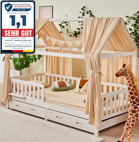 ALAVYA HOME® 3-TLG Hausbett Deko Set mit 2 Stück Betthimmel I 1 Stück Wimpelkette 300cm cm lang für Kinderbett Kinderzimmer I 100% Bio-Musselin Baumwolle I GOTS-Zertifiziert I 125 x 350 cm I Beige
