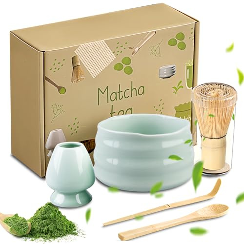 BORDEAG Service à thé - 5 pièces pour cérémonie du thé japonaise - Fabriqué à la main - Avec bol, fouet, porte-balai, louche, cuillère à café et boîte cadeau (vert)