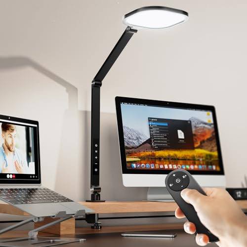LitONES Schreibtischlampe LED Klemmbar für videokonferenz, 15W Tageslichtlampe Augenschutz, Homeoffice Schwenkarm dimmbar Lampe, Architektenleuchte mit Speicherfunktion, Fernbedienung & Timer CRI >95