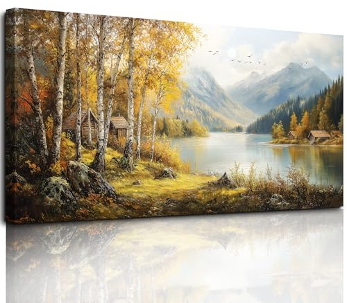 MHARTK66 Ländliches Flussufer Leinwand Bilder, 59x119 cm XXL Wandbilder Wohnzimmer Landschaft Bild Aesthetic, Modern Wanddeko Kunstdruck Schlafzimmer Esszimmer Büro Küche Badezimmer