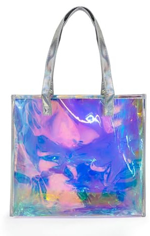 FuninCrea Laser Schultertasche Damen Holographisch Handtasche Damen, Extra Groß Tote Bag Durchsichtig Damen Handtasche Wasserdichtes PVC Handtasche Damen Umhängetasche für Arbeit Reisen (Mittelgroße)