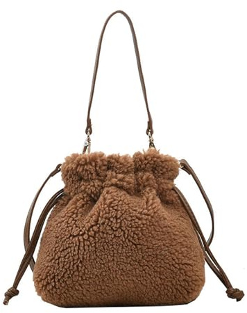 CHENZKBD Crossbody Bag Damen Winter-umhängetaschen Plüschtasche Weibliche Handtasche Geldbörse Diagonal Kordelzug Segen Tasche Plüschtasche-braun