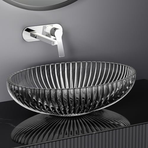 EMKE Lavabo para montar en cristal, lavabo ovalado, 51 x 35 x 15 cm, lavabo de para baño y WC de invitados, lavabo en cristal Negro