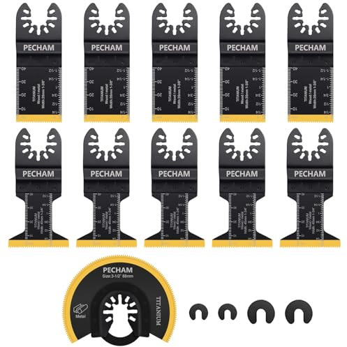 PECHAM 11PCS Titanium Sägeblätter, Universal Oszillierende Multitool Klingen Metall Schneiden Schnellspanner für hartes Material Metall Nägel Holz Kunststoff passen Dewalt Rockwell Milwaukee Makita