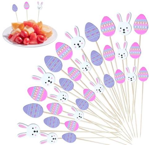 100 Stück Ostern Cocktailspieße, Ostern Hölzerne Cocktail Zahnstocher, Ostern Hase Ei Obstspieße Bambus Cocktail Picks Cocktail Sticks für Obst, Getränke Party Dekoratio, Nostern Dekoration